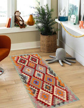 Flat Weave Kilim Antique Navaho Vintage handmade Geometric Kilim Red Blue Hand-Woven Runner 100% Wool Area Rug 3x6